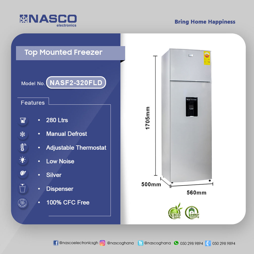 Nasco 280 L Top Mount Refrigerator with Water Dispenser – Model NASF2-320FLD