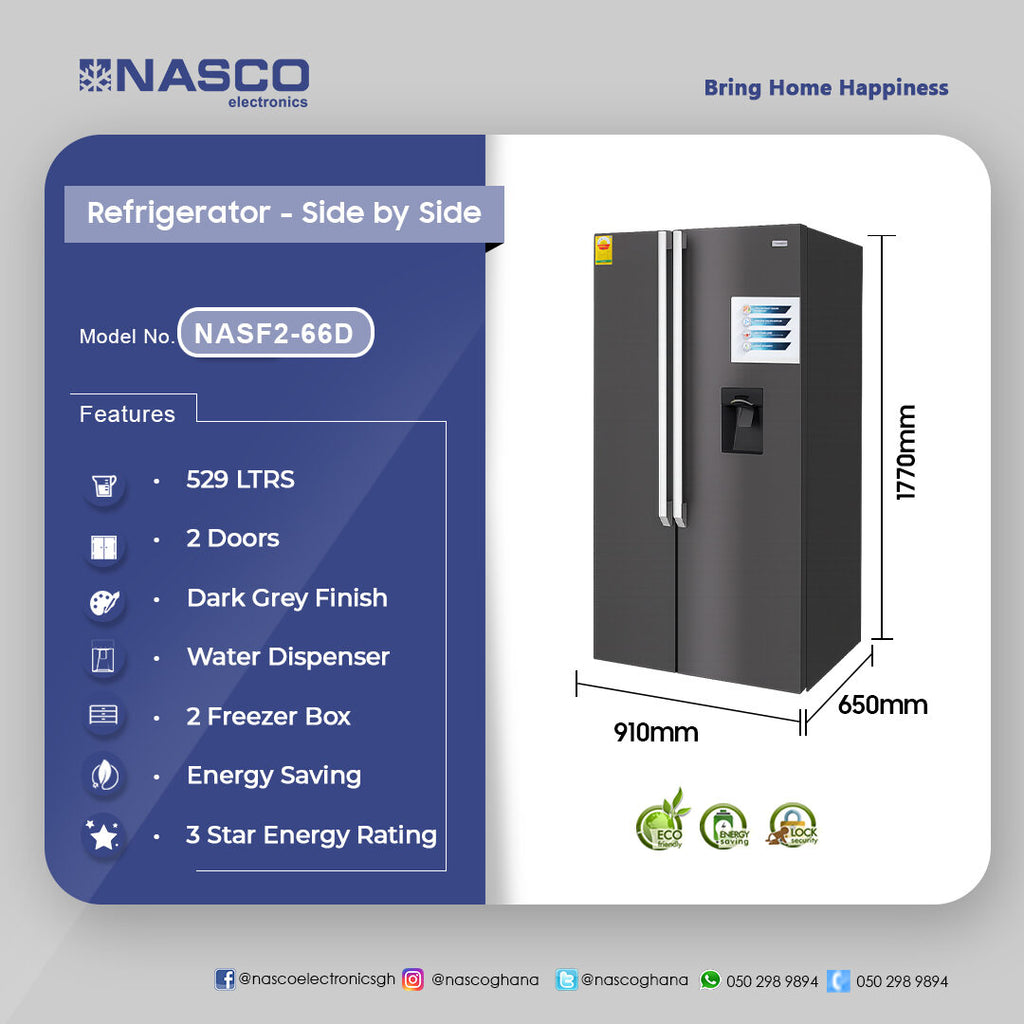 Nasco 521 L Frost Free Side by Side Refrigerator with Water Dispenser – Model NASF2-66D – view 3