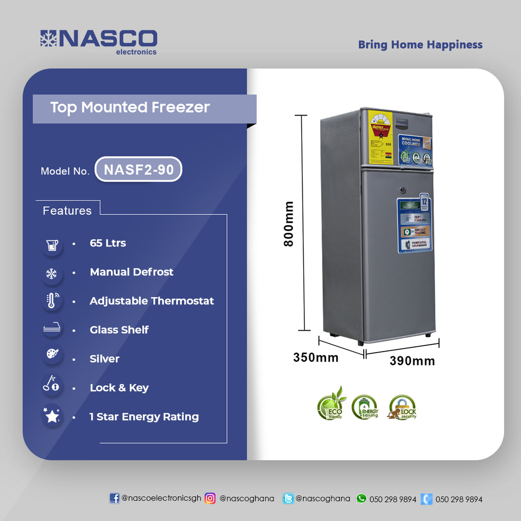 Nasco 65 L Double Door Top Freezer Refrigerator – Model NASF2-90