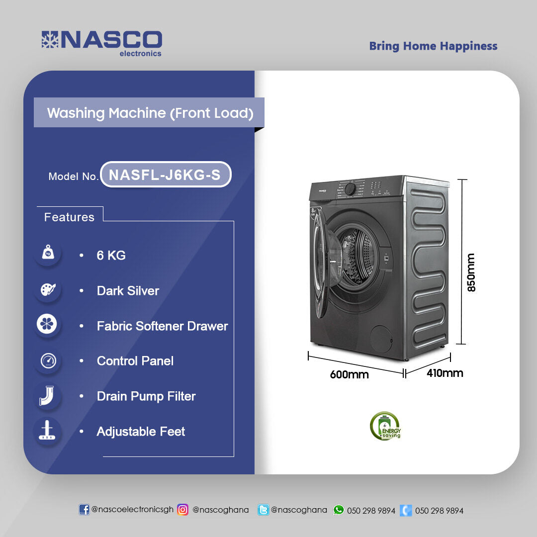 Nasco 6 kg Inverter Front Load Washing Machine – Model NASFL-J6KG-S