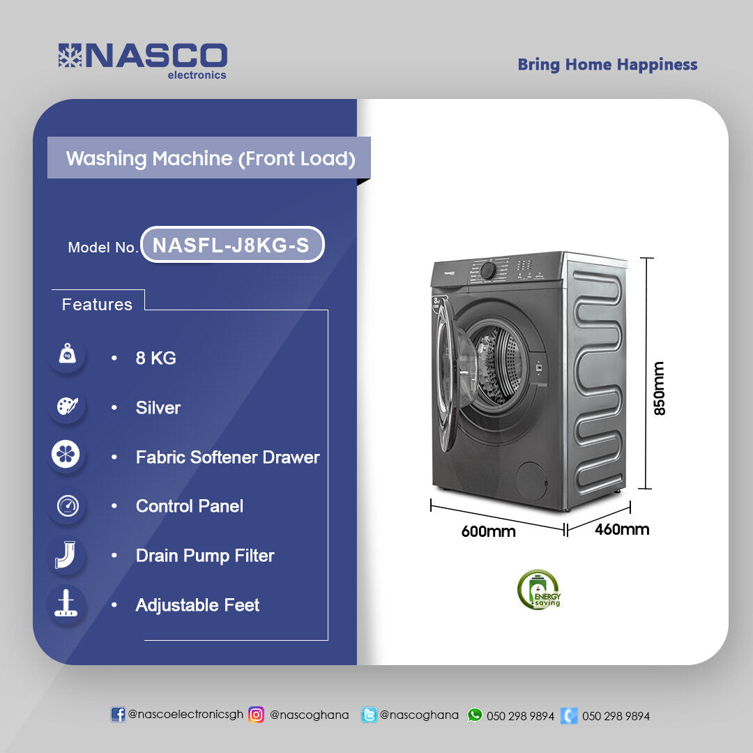 Nasco 8 kg Front Load Washing Machine – Model NASFL-J8KG-S