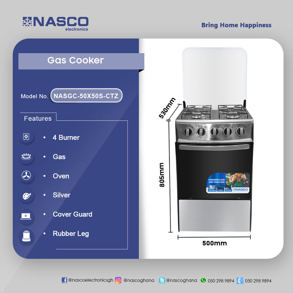 Nasco 50 x 50 cm 4-Burner Gas Cooker with Oven, Silver – Model NASGC-50X50S-CTZ – view 3