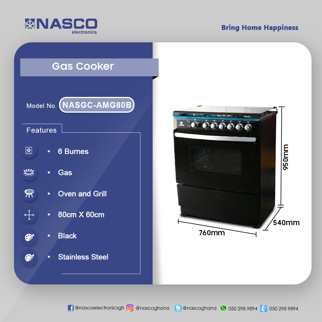 Nasco 80 x 60 cm 6-Burner Gas Cooker with Oven and Grill – Model NASGC-AMG80B