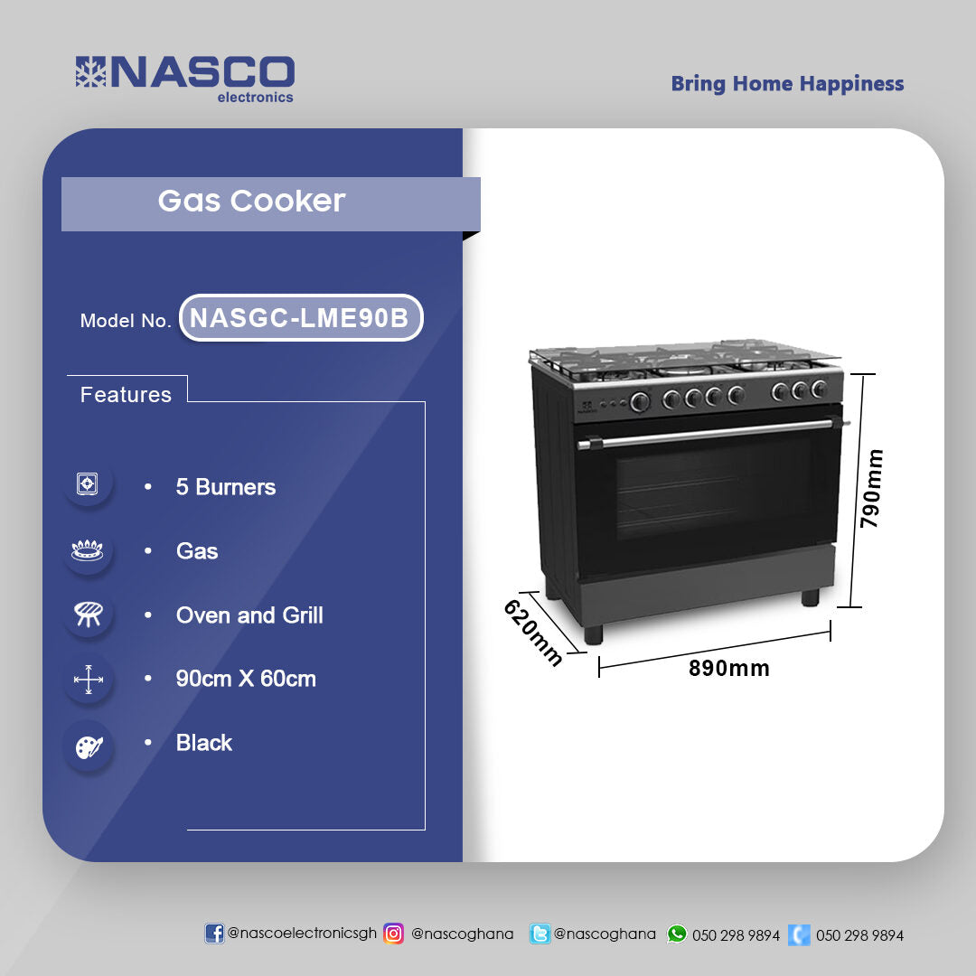 Nasco 90 x 60 cm 5-Burner Gas Cooker with Oven and Grill – Model NASGC-LME90B