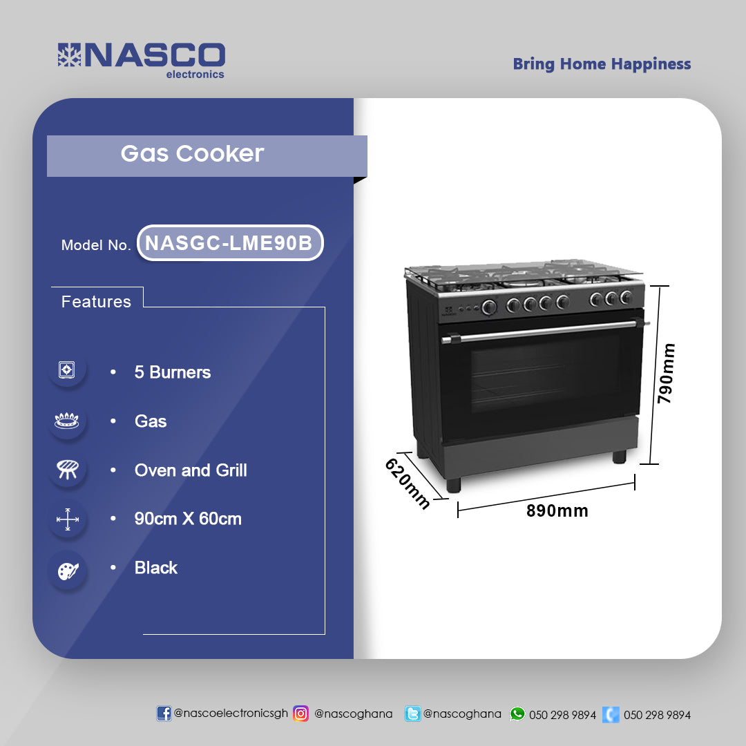 Nasco 90 x 60 cm 5-Burner Gas Cooker with Oven and Grill – Model NASGC-LME90B – view 2
