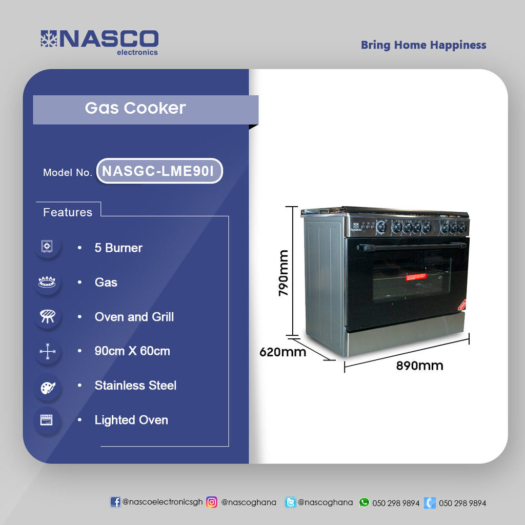 Nasco 90 x 60 cm 5-Burner Stainless Steel Gas Cooker with Grill – Model NASGC-LME90I