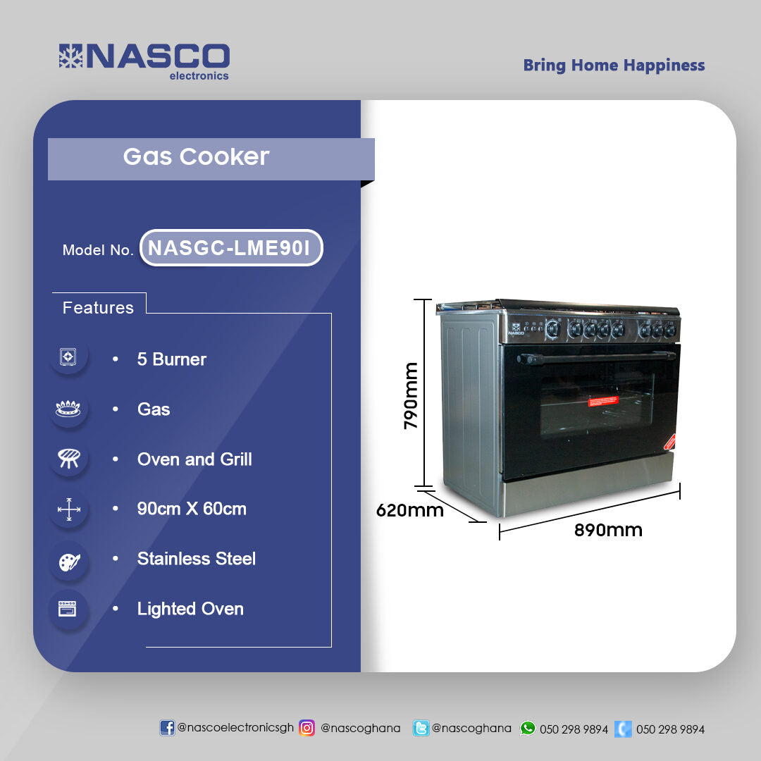 Nasco 90 x 60 cm 5-Burner Stainless Steel Gas Cooker with Grill – Model NASGC-LME90I