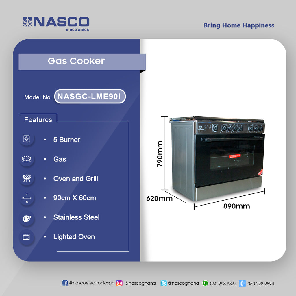 Nasco 90 x 60 cm 5-Burner Stainless Steel Gas Cooker with Grill – Model NASGC-LME90I – view 2