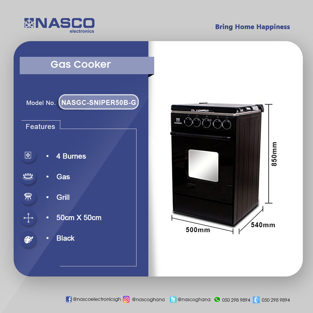 Nasco 50 x 50 cm 4-Burner Gas Cooker with Grill – Model NASGC-SNIPER50B-G