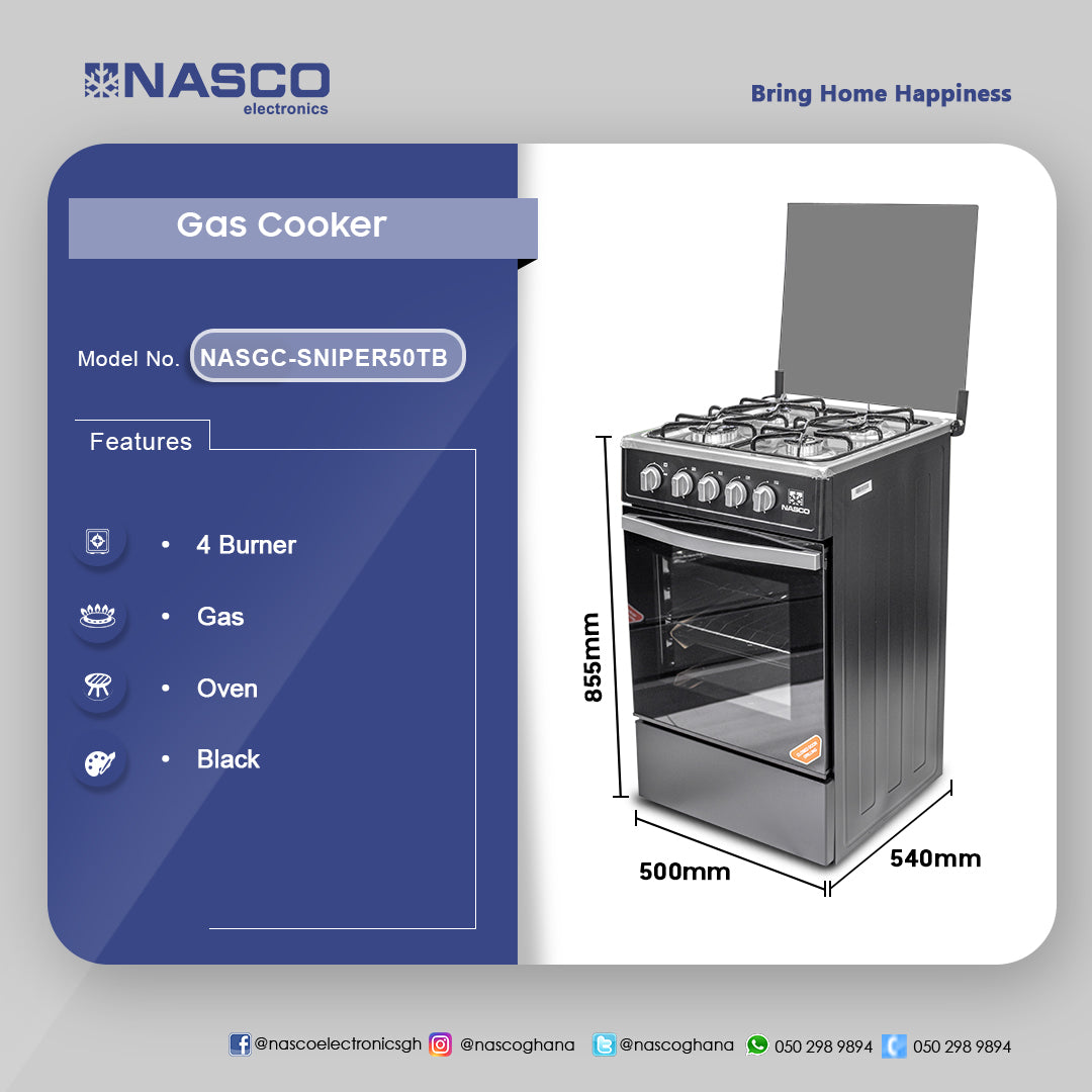 Nasco 50 x 50 cm 4-Burner Gas Cooker with Oven, Black – Model NASGC-SNIPER50TB