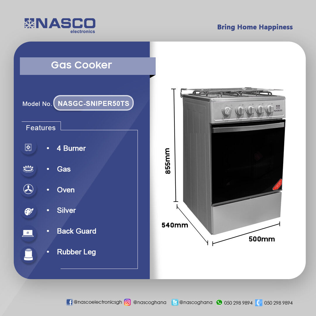 Nasco 50 x 50 cm 4-Burner Gas Cooker with Oven, Silver – Model NASGC-SNIPER50TS – view 4