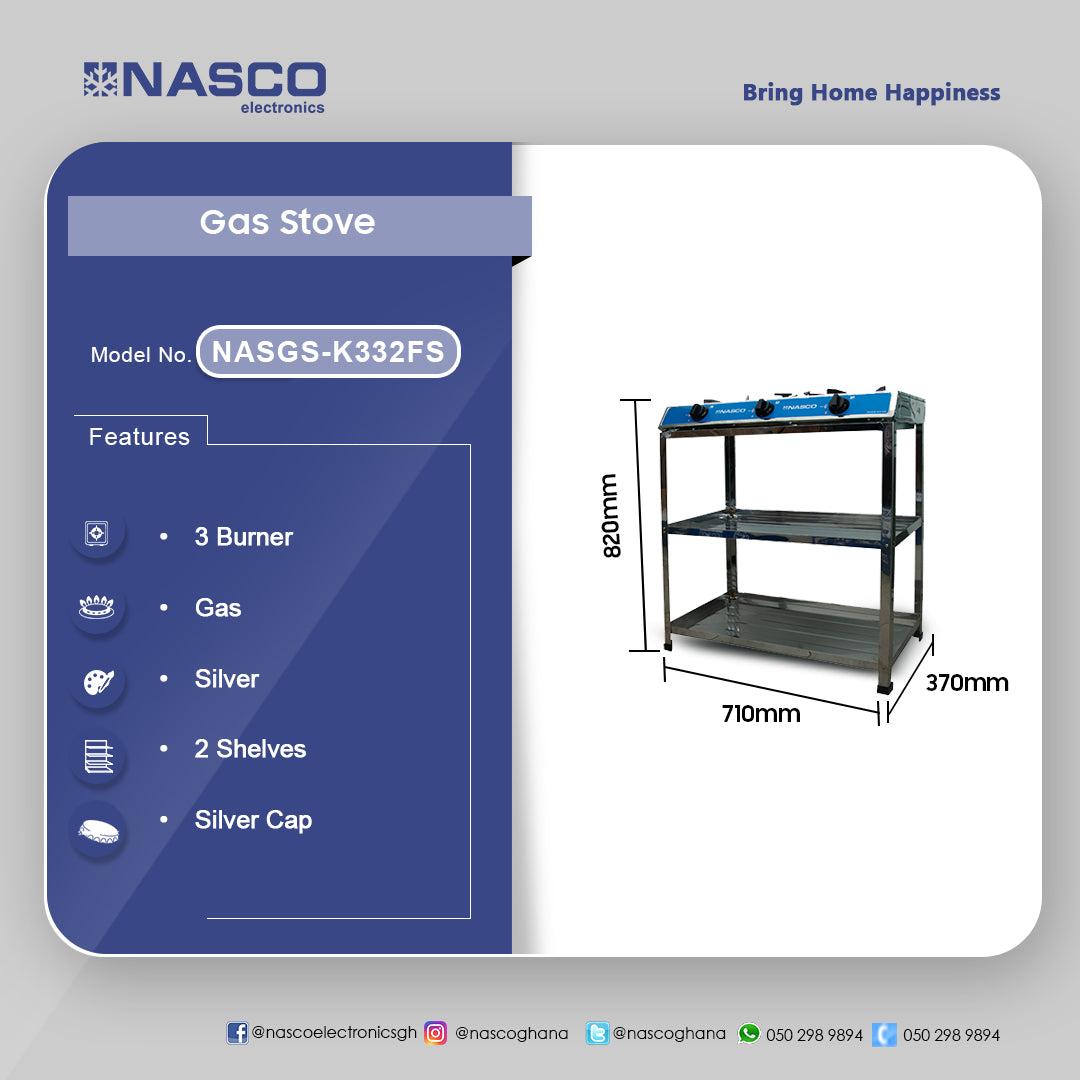 Nasco 3-Burner Gas Stove with 2-Shelf Stand – Model NASGS-K332FS – view 2