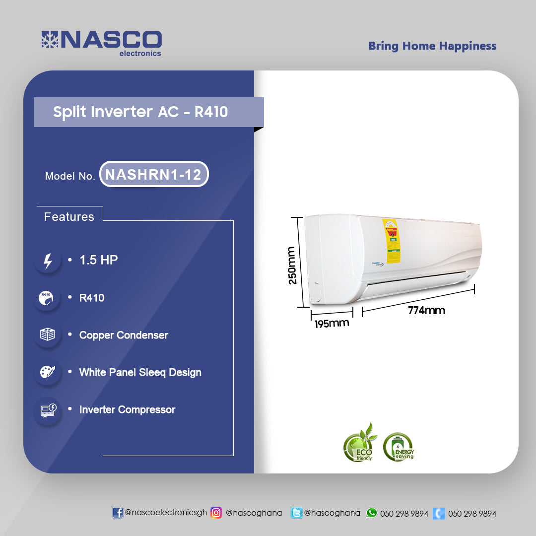 Nasco 1.5 HP (12,000 BTU/h) Split Inverter Air Conditioner (R410) – Model NASHRN1-12 – view 2