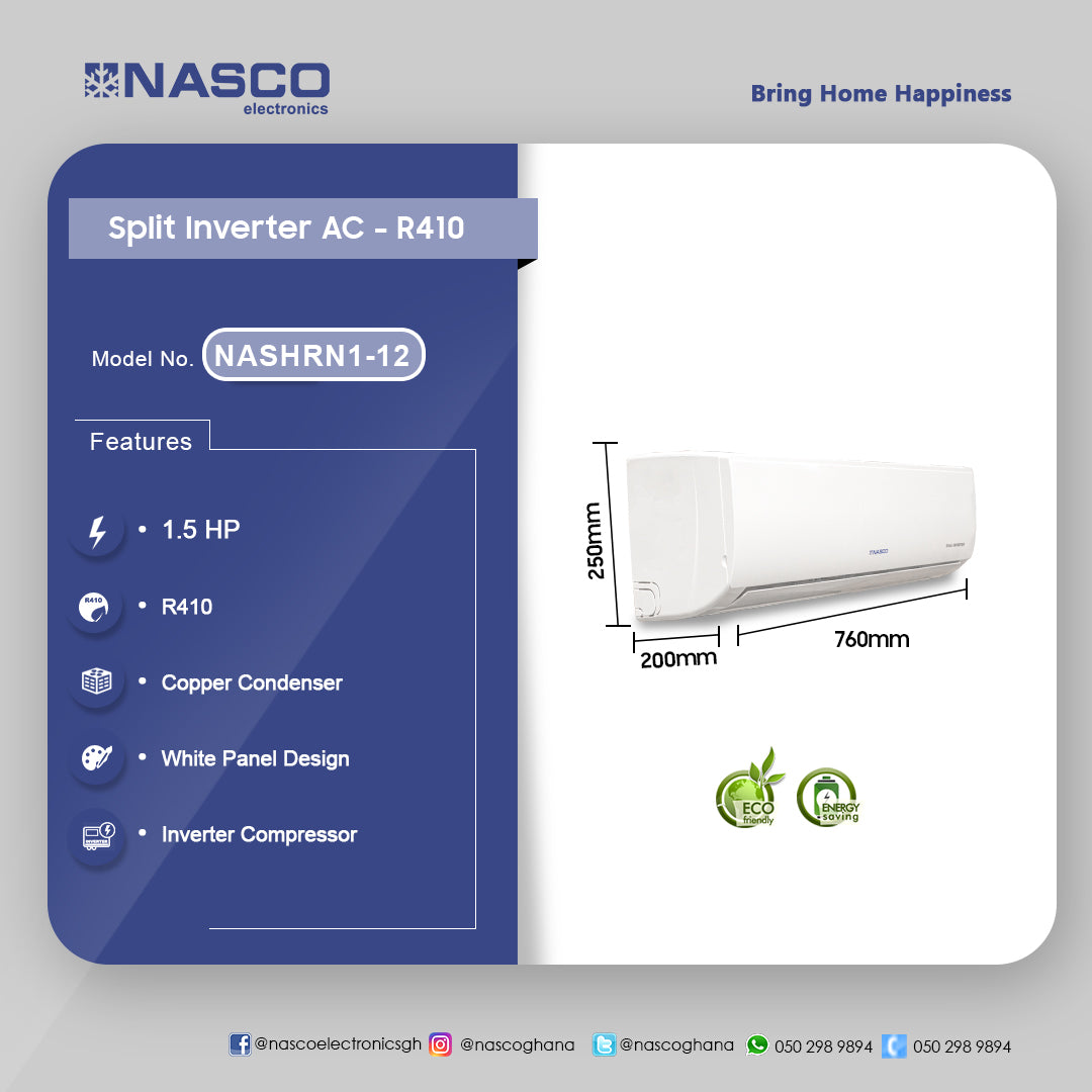 Nasco 1.5 HP (12,000 BTU/h) Split Inverter Air Conditioner (R410) – Model NASHRN1-12 – view 3