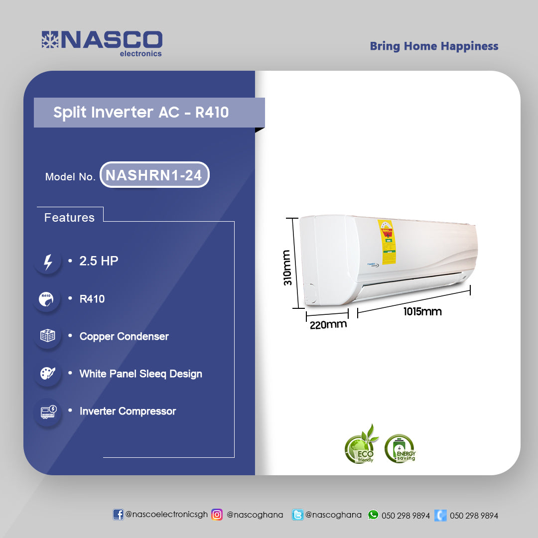 Nasco 2.5 HP (24,000 BTU/h) Split Inverter Air Conditioner (R410) – Model NASHRN1-24 – view 2