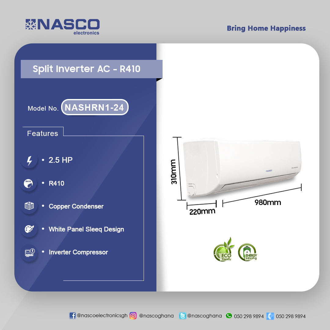 Nasco 2.5 HP (24,000 BTU/h) Split Inverter Air Conditioner (R410) – Model NASHRN1-24 – view 3