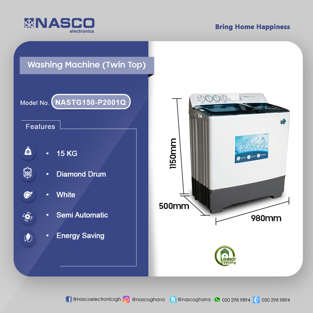 Nasco 15 kg Twin Tub Semi-Automatic Washing Machine – Model NASTG150-P2001Q – view 2