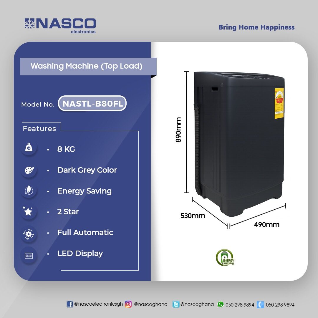 Nasco 8 kg Top Load Fully Automatic Washing Machine – Model NASTL-B80