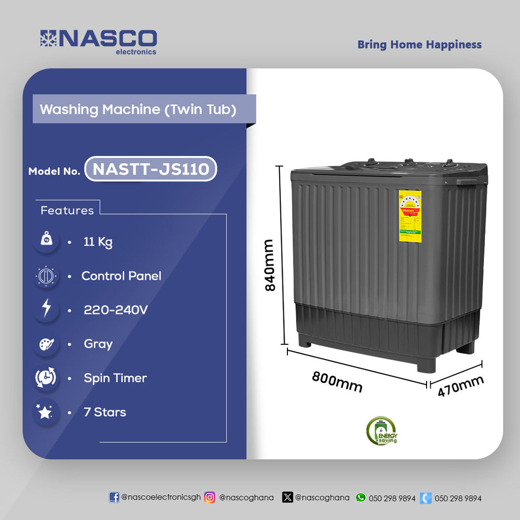Nasco 8 kg Twin Tub Semi-Automatic Washing Machine – Model NASTT-JS110