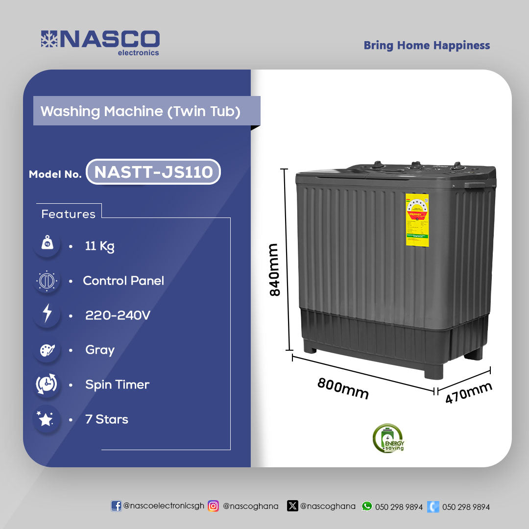 Nasco 8 kg Twin Tub Semi-Automatic Washing Machine – Model NASTT-JS110