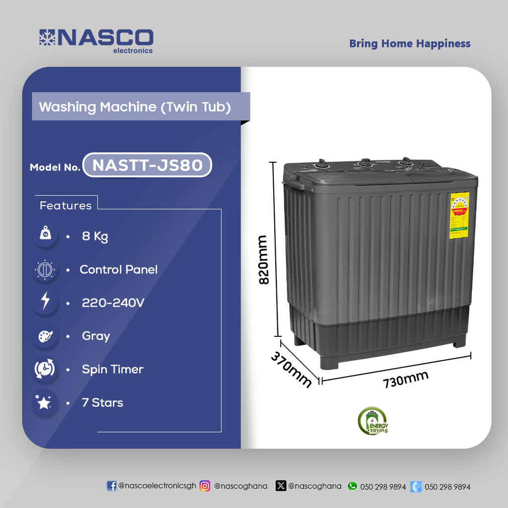 Nasco 8 kg Twin Tub Semi-Automatic Washing Machine – Model NASTT-JS80