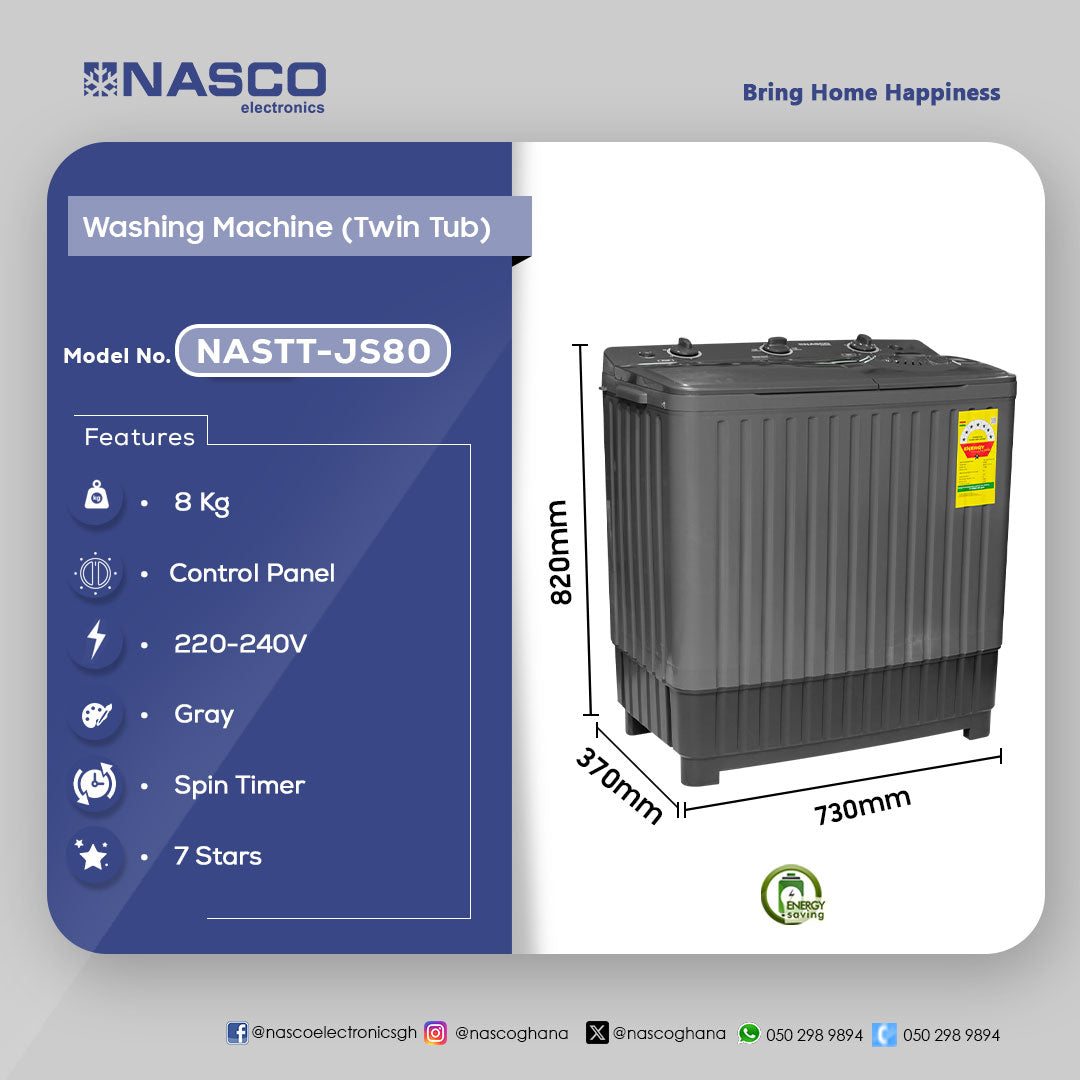 Nasco 8 kg Twin Tub Semi-Automatic Washing Machine – Model NASTT-JS80