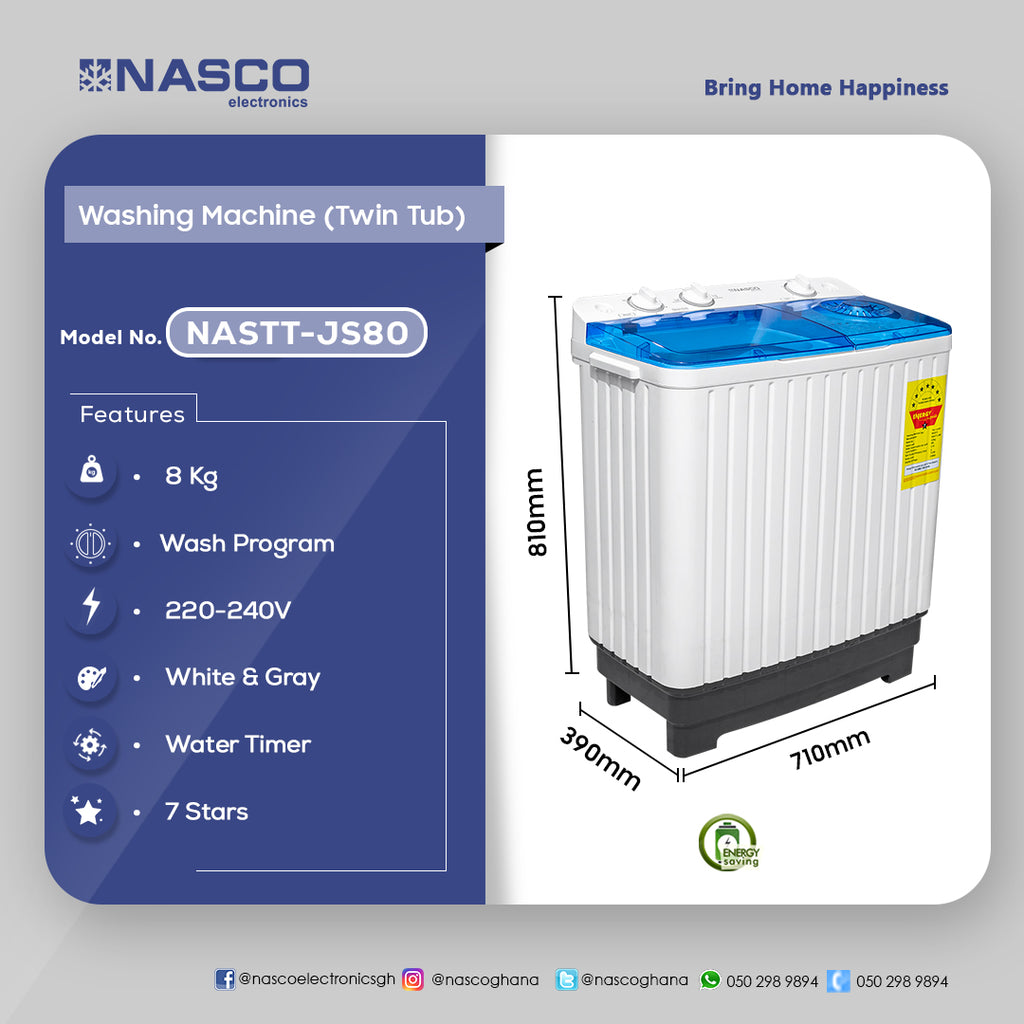 Nasco 8 kg Twin Tub Semi-Automatic Washing Machine – Model NASTT-JS80 – view 2