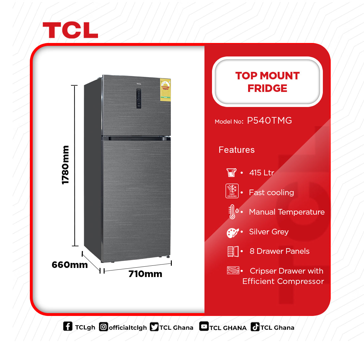 TCL 415 L Total No Frost Top Mount Refrigerator – Model P540TMG – view 2