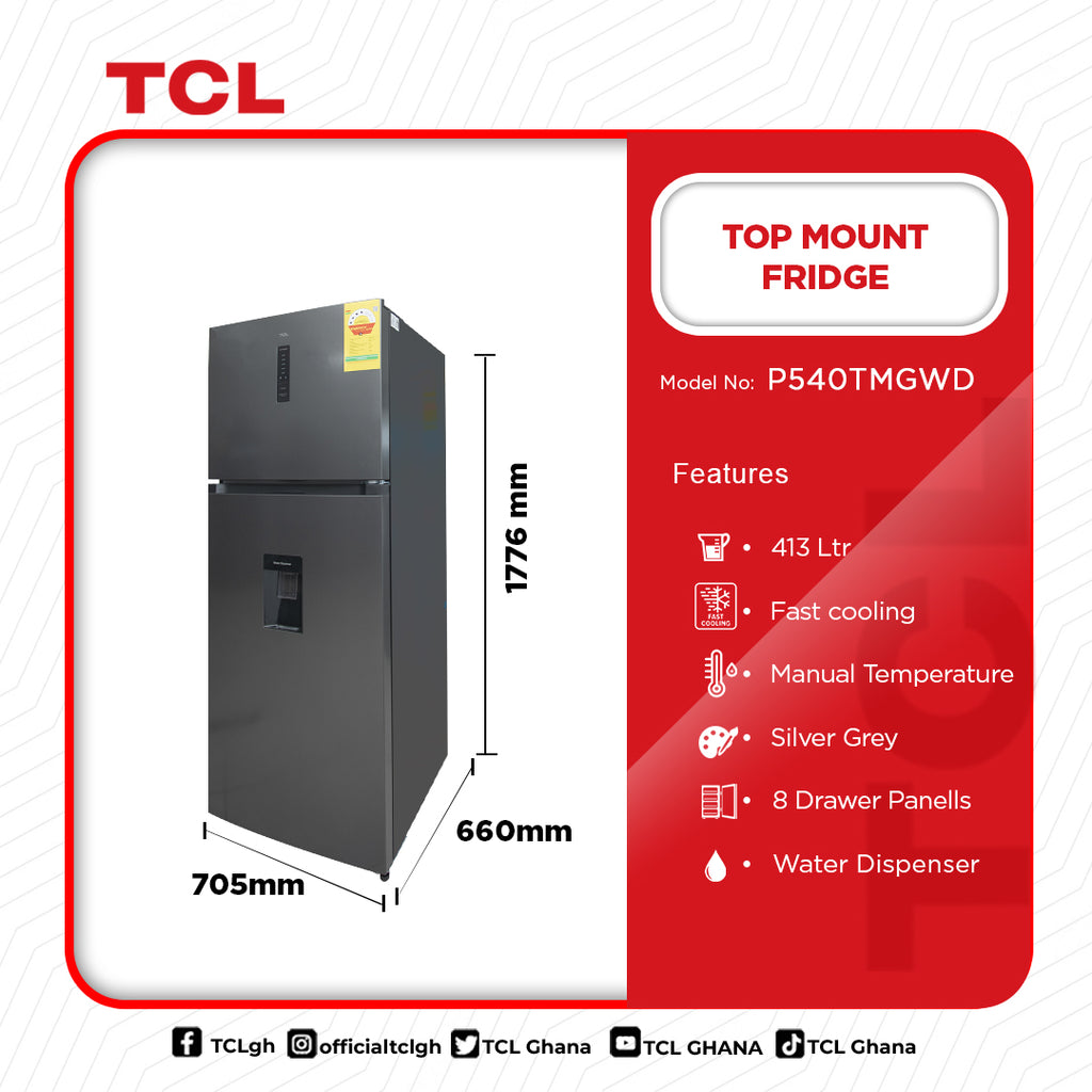 TCL 413 L Total No Frost Top Mount Refrigerator with Water Dispenser – Model P540TMGWD – view 2