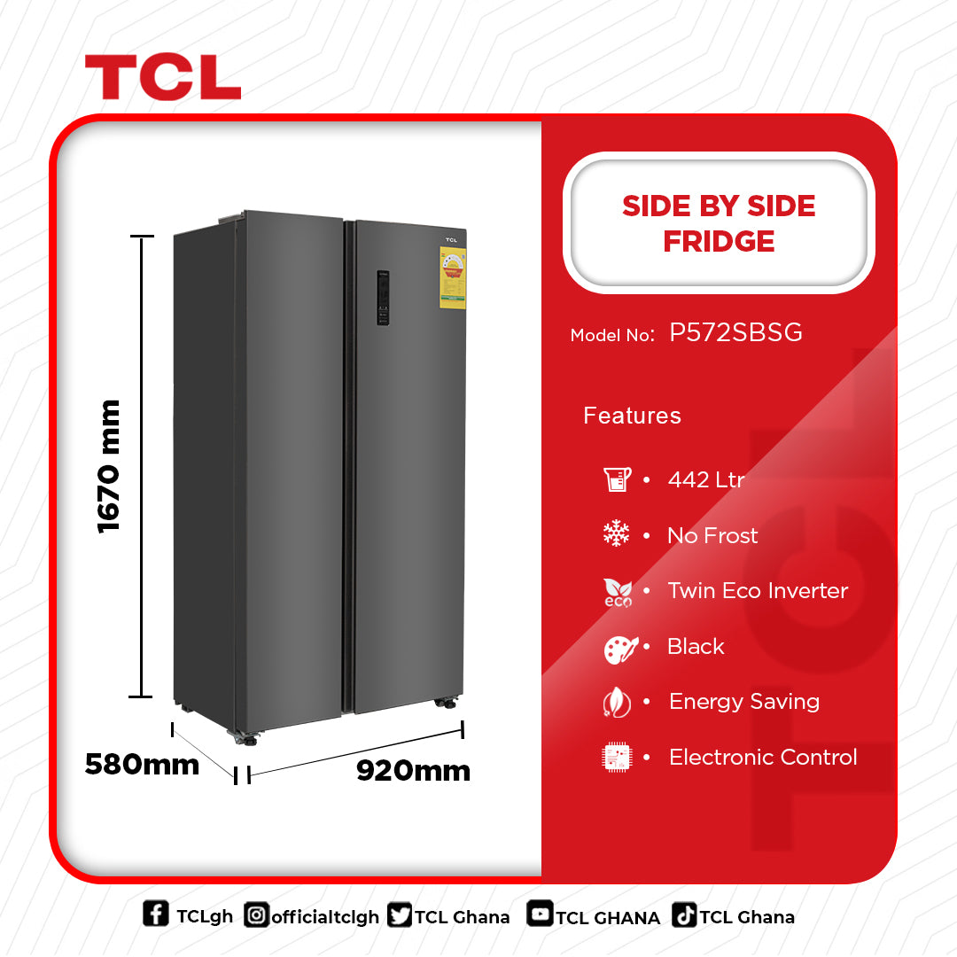 TCL 442 L Side by Side Refrigerator – Model P572SBSG – view 2