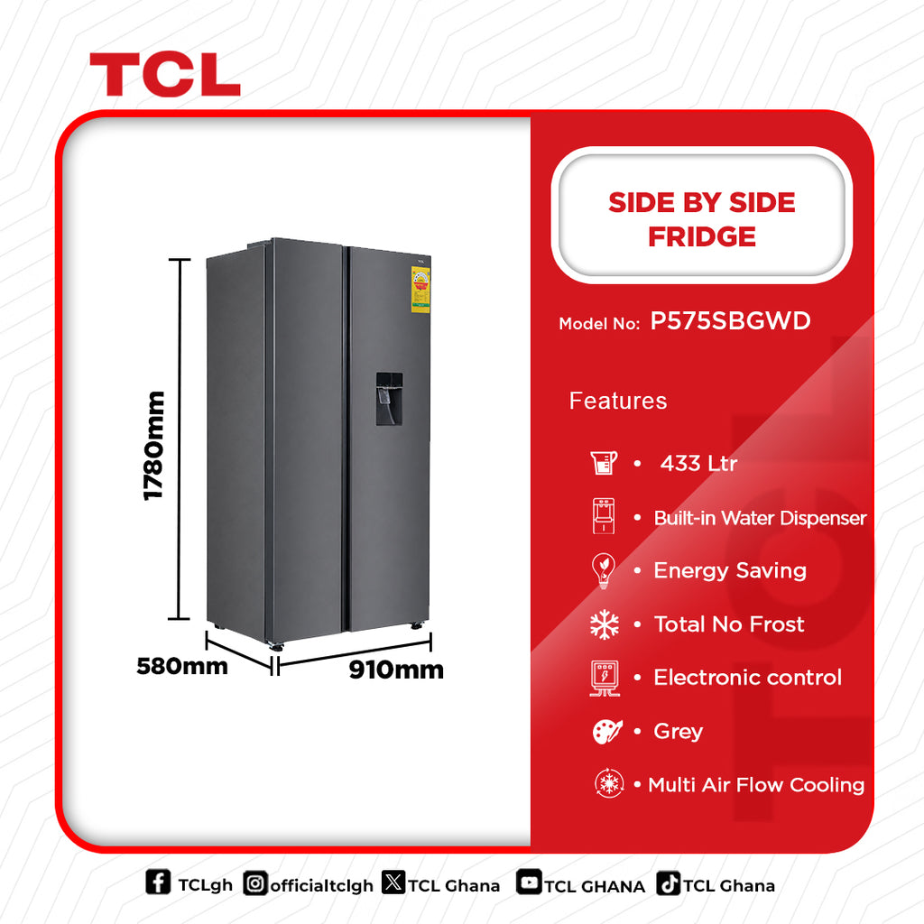 TCL 433 L Side by Side Refrigerator with Water Dispenser – Model P575SBGWD – view 2