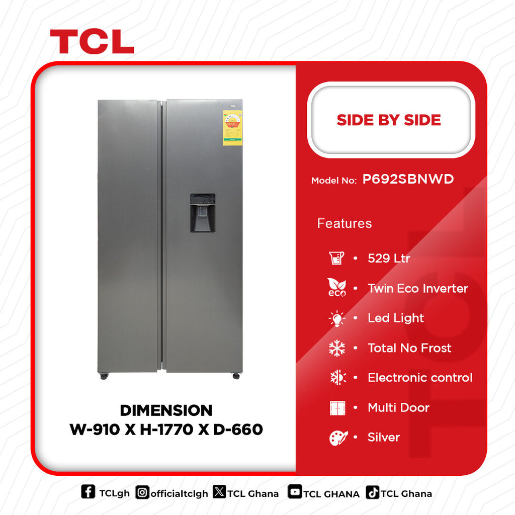 TCL 529 L Side by Side Refrigerator with Water Dispenser – Model P692SBNWD
