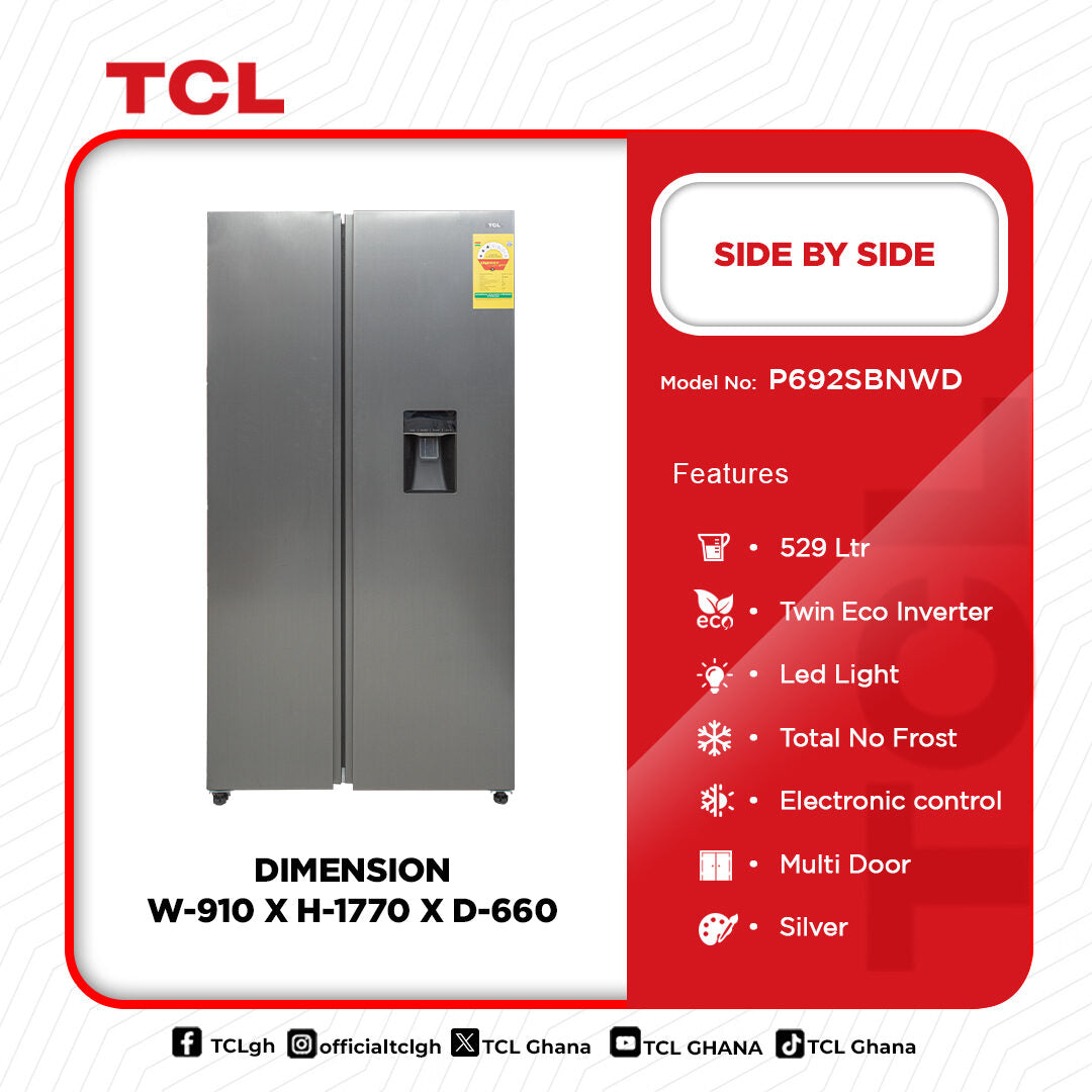 TCL 529 L Side by Side Refrigerator with Water Dispenser – Model P692SBNWD