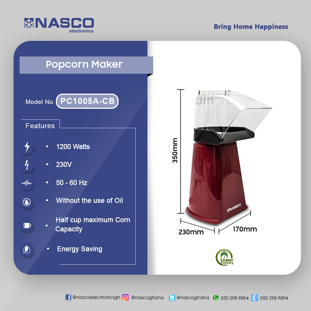 Nasco 1,200 W Popcorn Maker – Model PC1005A-CB – view 2