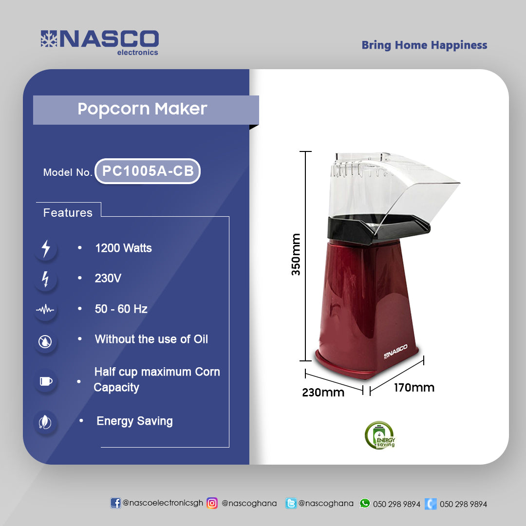 Nasco 1,200 W Popcorn Maker – Model PC1005A-CB – view 2