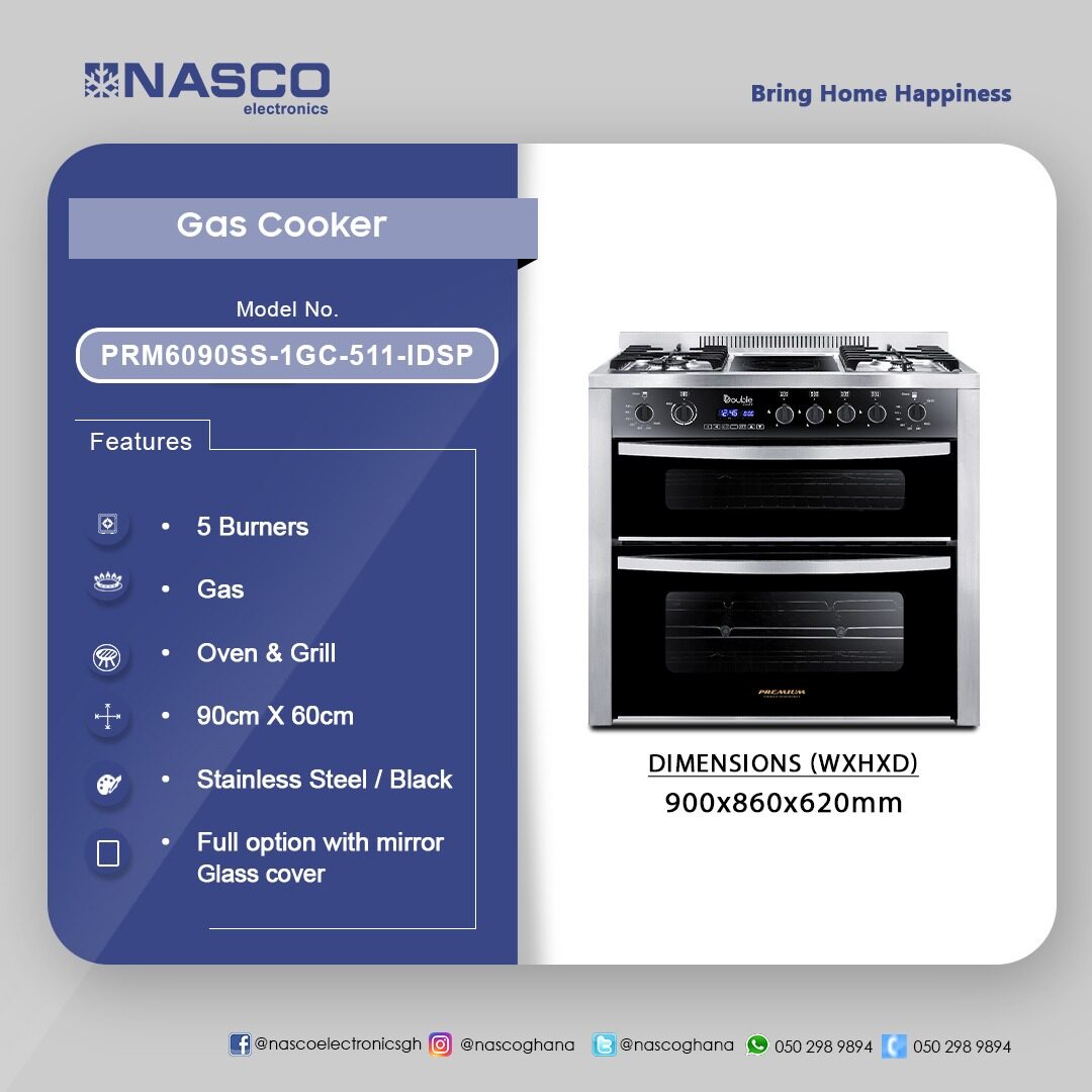 Nasco 60 x 90 cm 5-Burner Gas Cooker with Oven and Grill – Model PRM6090SS-1GC-511-IDSP