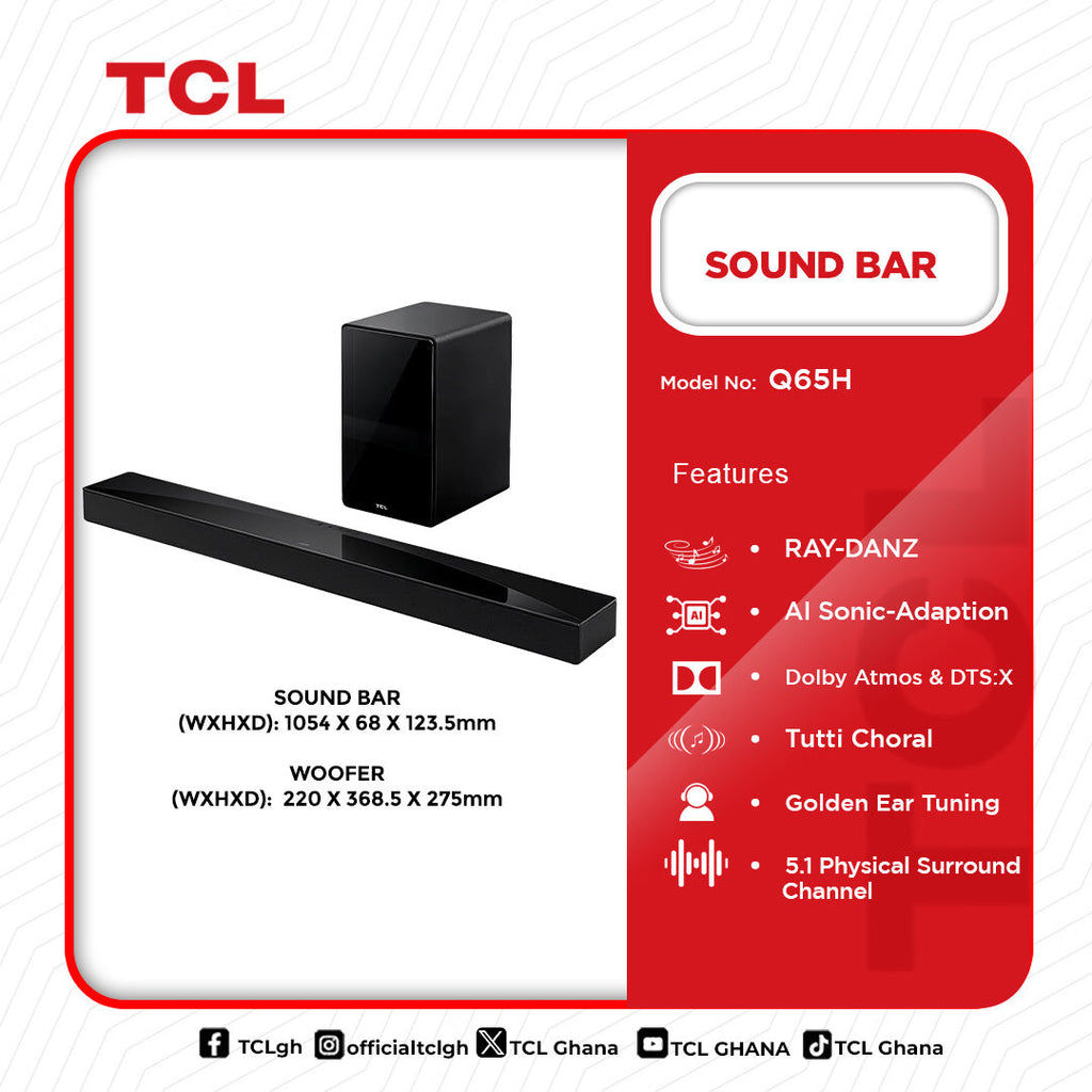 TCL 580 W 5.1 Channel Dolby Atmos Sound Bar with Wireless Subwoofer – Model Q65H