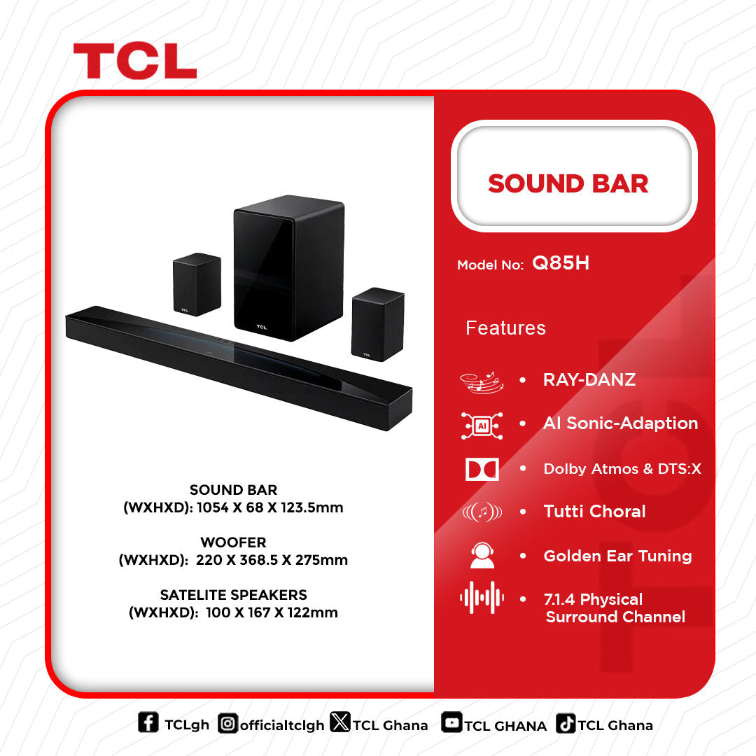 TCL 860 W 7.1.4 Channel Dolby Atmos Sound Bar with Wireless Subwoofer and Surround Speakers – Model Q85H