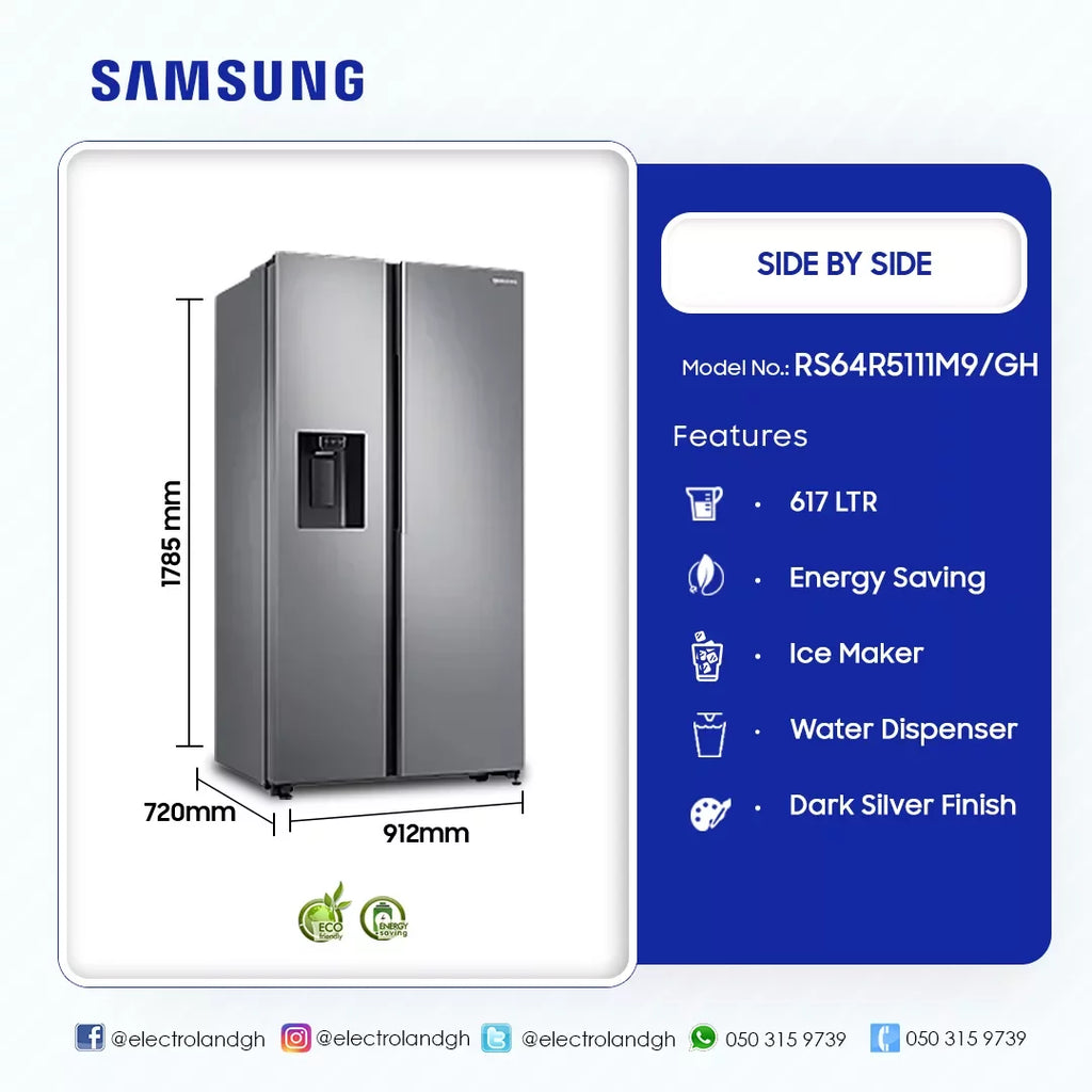 Samsung 617 L Side-by-Side Refrigerator with Ice & Water Dispenser – Model RS64R5111M9/GH