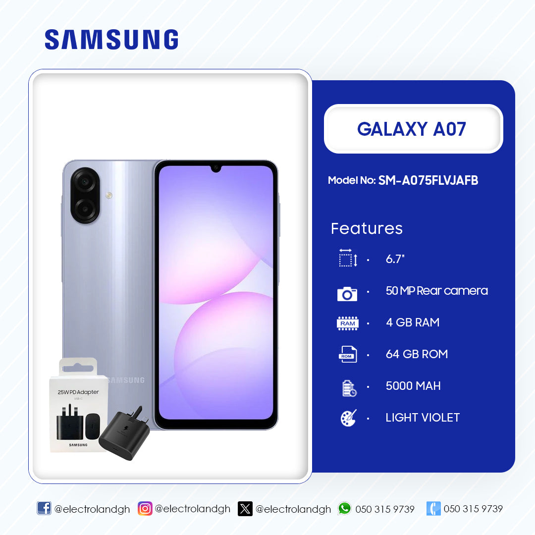 Samsung Galaxy A07 64 GB 4G Smartphone (Light Violet) – Model SM-A075FLVJAFB
