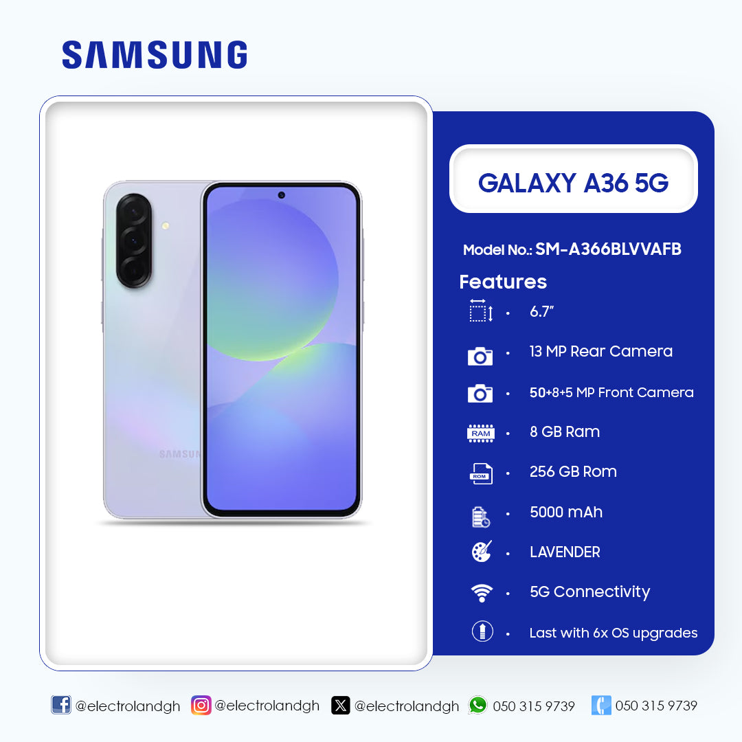 Samsung Galaxy A36 5G 256 GB Smartphone (Lavender) – Model SM-A366BLVVAFB