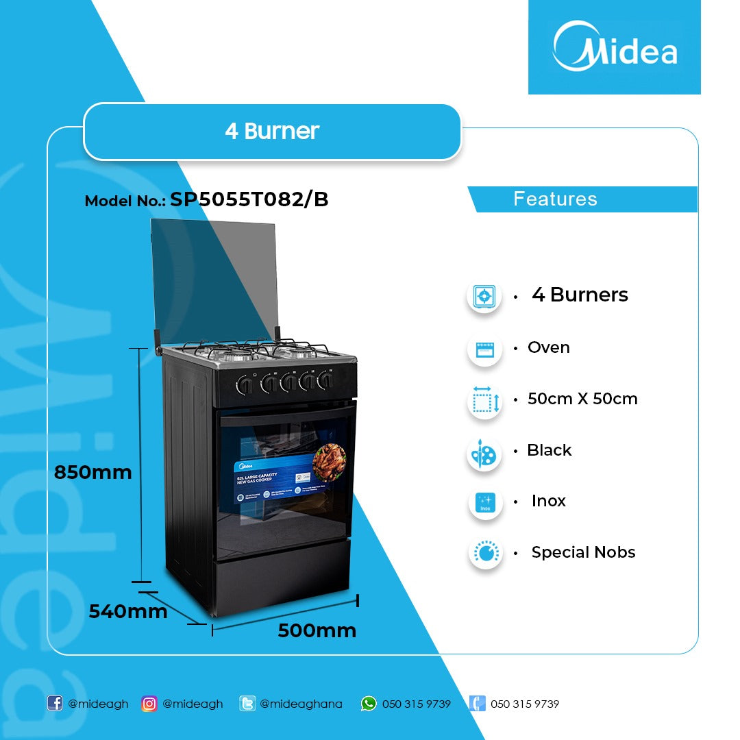 Midea 50 x 50 cm 4-Burner Gas Cooker – Model SP5055T082-B – view 2