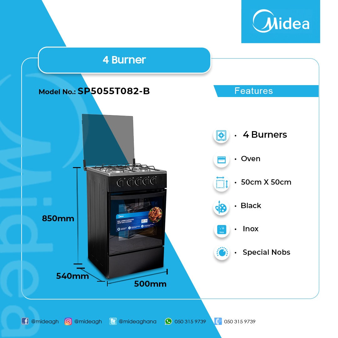 Midea 50 x 50 cm 4-Burner Gas Cooker – Model SP5055T082-B – view 3
