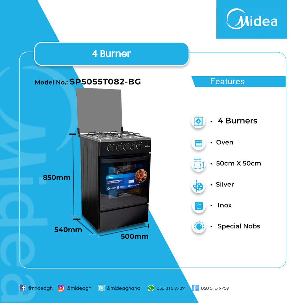 Midea 50 x 50 cm 4-Burner Gas Cooker with Grill – Model SP5055T082-BG – view 4