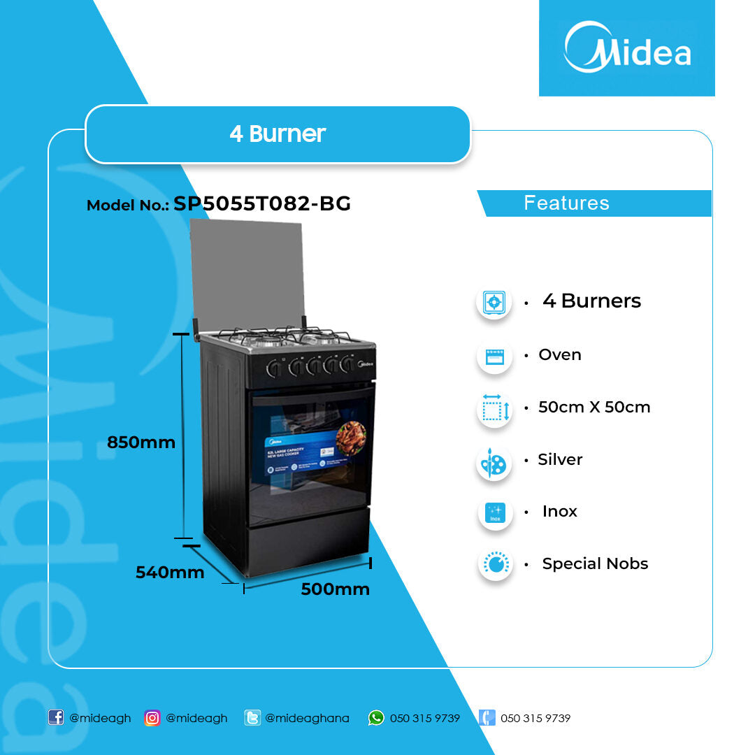Midea 50 x 50 cm 4-Burner Gas Cooker with Grill – Model SP5055T082-BG – view 4