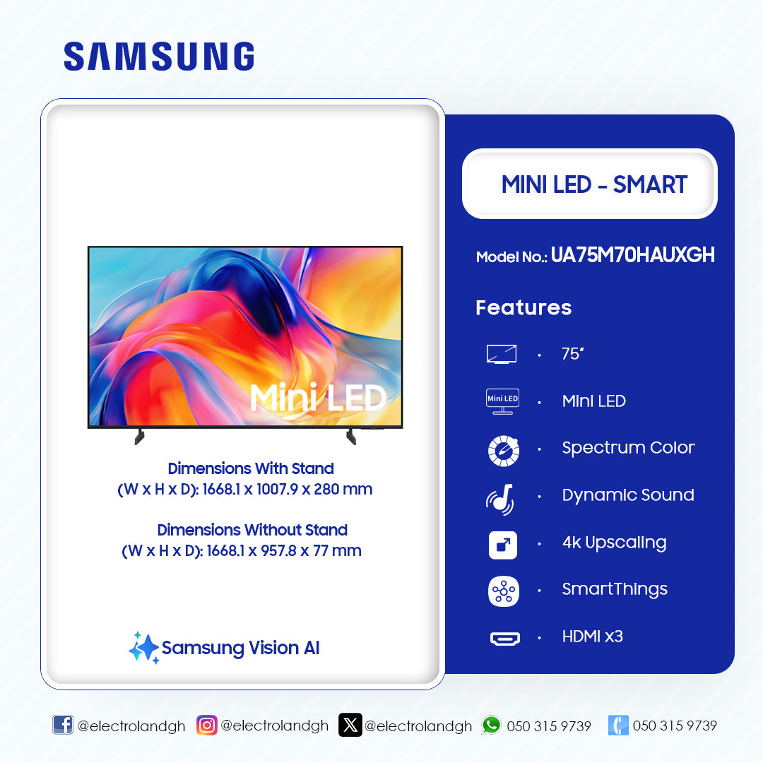 Samsung 75" M70H Mini LED 4K Smart TV – Model UA75M70HAUXGH