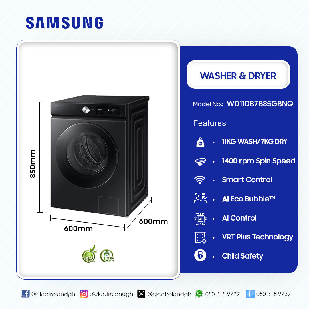 Samsung 11 kg / 7 kg AI Ecobubble Washer Dryer – Model WD11DB7B85GBNQ