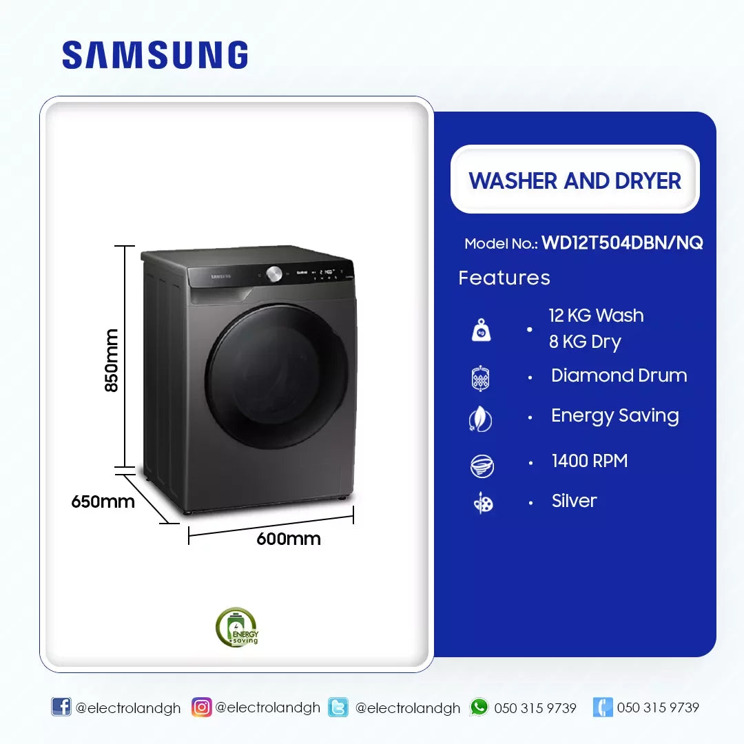 Samsung 12 kg Wash / 8 kg Dry Ecobubble Washer Dryer – Model WD12T504DBN/NQ