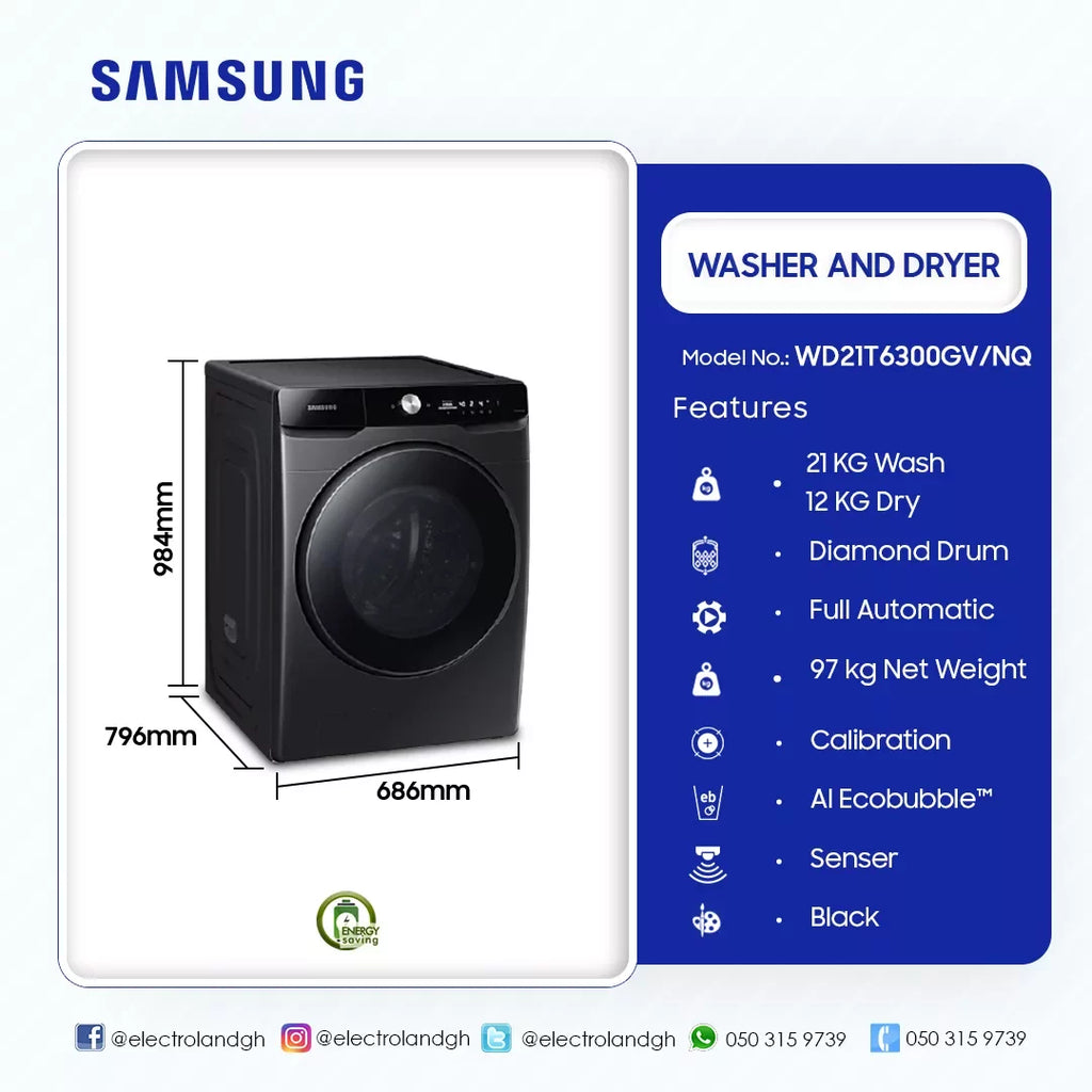 Samsung 21 kg Wash / 12 kg Dry Ecobubble Washer Dryer – Model WD21T6300GV/NQ
