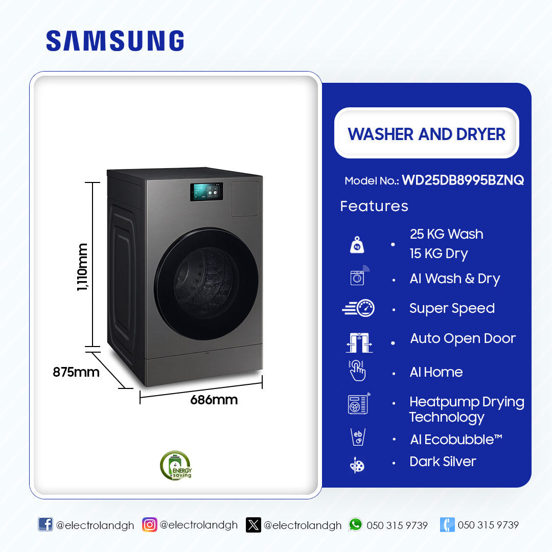 Samsung 25 kg / 15 kg Bespoke AI Laundry Combo Washer Dryer – Model WD25DB8995BZNQ – view 2